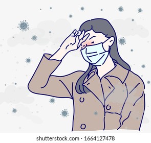 A woman wearing facial mask for protection from air pollution or virus epidemic. Virus protect concept idea. Hand drawn in thin line style, vector illustrations.