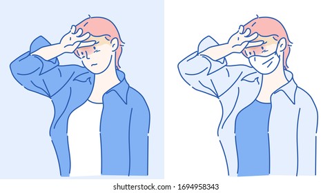 Woman wearing facial mask for protection from air pollution or virus epidemic. Conceptal of irus protect. Hand drawn in thin line style, vector illustrations.