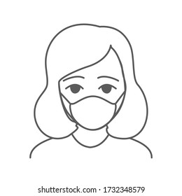 Woman wearing facial protective mask. Anti coronavirus or disease concept. Editable icon. Premium design.