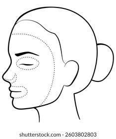 Woman wearing a facial sheet mask. Beauty and skin care concept. Vector outline illustration. 