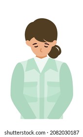 Woman Wearing Factory Worker Uniform. Factory Worker Woman Cartoon Character. People Face Profiles Avatars And Icons. Close Up Image Of Woman Taking A Bow. Vector Flat Illustration.