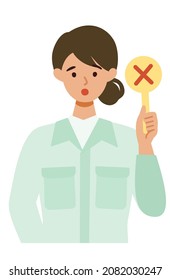 Woman wearing factory worker uniform. Factory worker Woman cartoon character. People face profiles avatars and icons. Close up image of Woman having warning expression . Vector flat illustration.