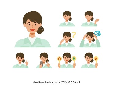 Woman wearing factory worker uniform. Factory worker Woman cartoon character head collection set. People face profiles avatars and icons. Close up image of smiling Woman. Vector flat illustration.