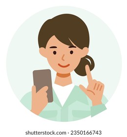 Woman wearing factory worker uniform. Factory worker Woman cartoon character. People face profiles avatars and icons. Close up image of Woman using smartphone. Vector flat illustration.