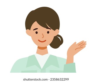 Woman wearing factory worker uniform. Factory worker Woman cartoon character. People face profiles avatars and icons. Close up image of pointing Woman. Vector flat illustration.