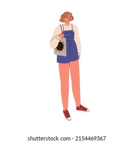 Woman wearing fashion clothes, short jeans jumpsuit and sneakers. Modern stylish girl in casual summer outfit, tote bag. Female in trendy apparel. Flat vector illustration isolated on white background