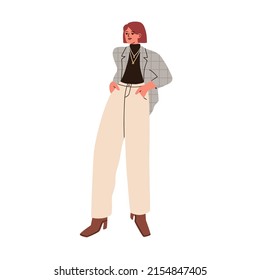 Woman wearing fashion outfit, stylish pants and jacket. Female in modern trendy apparel, office clothes. Girl in fashionable trousers, blazer. Flat vector illustration isolated on white background.