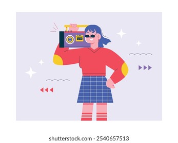 Woman wearing fashionable clothes and sunglasses carrying a radio, modern breakdance. Design character. Vector flat illustration