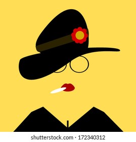 Woman Wearing Floppy Hat With Flower And Smoking