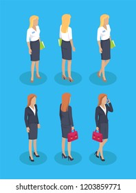 Woman wearing formal wear skirt and blouse set builder. Businesslady talking on smartphone. Manager carrying doments and files in briefcase vector