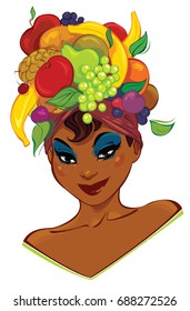 Woman Is Wearing A Fruit Hat On Her Head