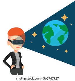 Woman wearing futuristic virtual reality headset and looking at open space with earth model. Young caucasian woman playing virtual game. Vector flat design illustration isolated on white background.