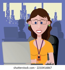 Woman wearing a glass working in an office with a laptop computer
