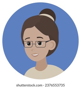 Woman wearing glasses avatar. Dark hair, dark eyes, caucasian. Vector flat illustration. Cartoon people design. Suitable for animation, using in web, apps, books, education projects
