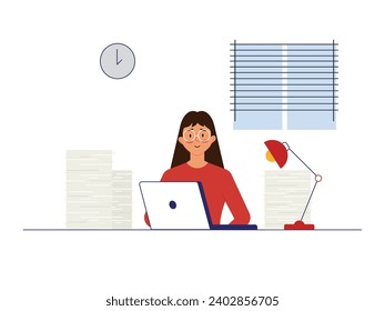 Woman wearing glasses is dizzy working with a lot of paper stacking, alone in the office overtime. Character design. Vector flat illustration