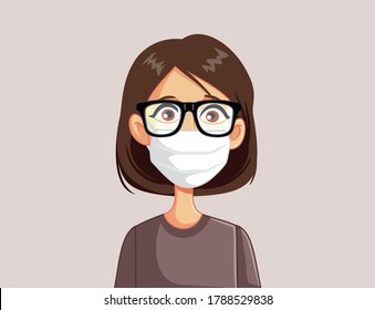 Woman Wearing Glasses And Medical Face Mask Vector Cartoon. Portrait Of A Girl Wearing Ppe Having Her  Eyeglasses Fogging  Up
