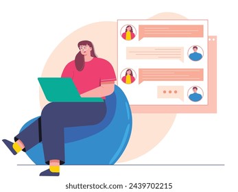 A woman wearing glasses is sitting on a bean bag and chatting with her male friend via laptop. Character design. Vector flat illustration