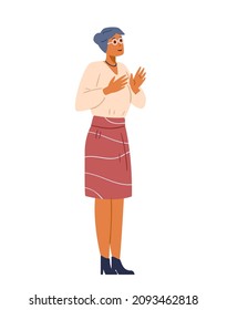 Woman wearing glasses standing applauding flat vector isolated illustration.