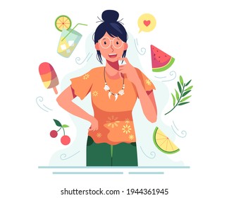 The woman wearing glasses thought about what she wanted to eat, such as orange juice, watermelon, ice cream, cherries, oranges. She loved these things. vector illustration flat design