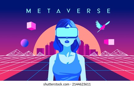 woman wearing glasses virtual reality 3d metaverse technology futuristic interface vector illustration