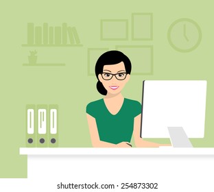 Woman is wearing glasses and working with computer. Flat modern vector illustration