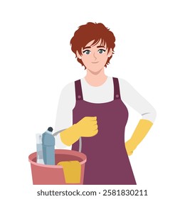 Woman wearing gloves and an apron, holding a bucket of cleaning supplies, ready for work. Flat vector Character Illustration