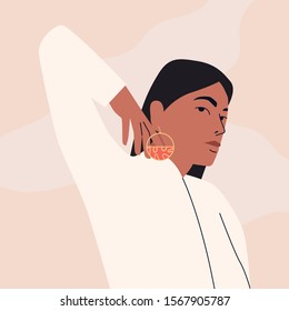 Woman wearing gold earrings. Template for jewelery advertisement. Woman wearing expensive jewelery. Flat vector illustration