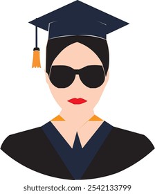 A woman wearing a graduation cap and gown, sunglasses, and a serious expression.