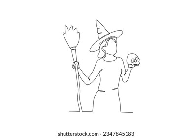A woman wearing a granny magic costume. Halloween one-line drawing