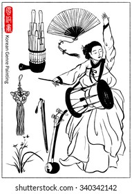 Woman Wearing 'Hanbok,' traditional Korean clothing. Vector set of ink hand drawn - Traditional Korean painting / Korean Genre Painting. Vector illustration.