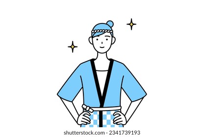Woman wearing Happi coat for summer festivals with her hands on her hips, Vector Illustration