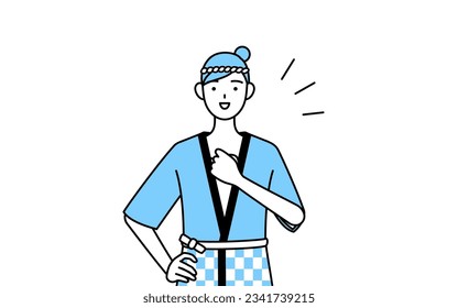 Woman wearing Happi coat for summer festivals tapping her chest, Vector Illustration