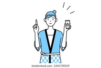 Woman wearing Happi coat for summer festivals taking security measures for her phone, Vector Illustration