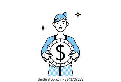 Woman wearing Happi coat for summer festivals with images of foreign exchange gains and dollar appreciation, Vector Illustration