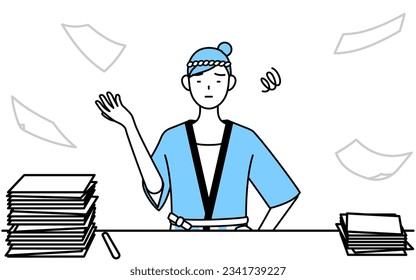 Woman wearing Happi coat for summer festivals who is fed up with her unorganized business, Vector Illustration