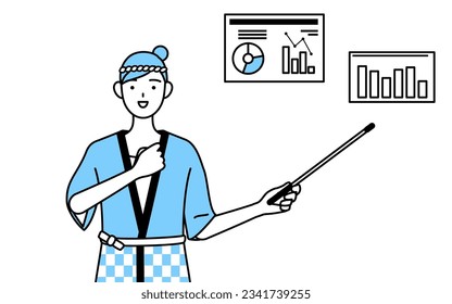 Woman wearing Happi coat for summer festivals analyzing a performance graph, Vector Illustration