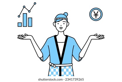 Woman wearing Happi coat for summer festivals guiding an image of DX, performance and sales improvement, Vector Illustration