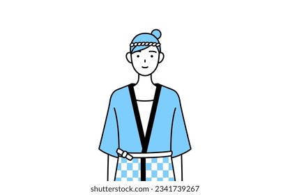 Woman wearing Happi coat for summer festivals with a smile facing forward, Vector Illustration