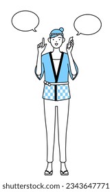 Woman wearing Happi coat for summer festivals pointing while on the phone, Vector Illustration