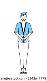 Woman wearing Happi coat for summer festivals bowing with folded hands, Vector Illustration