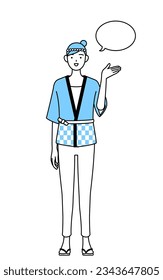 Woman wearing Happi coat for summer festivals giving directions, with a wipeout, Vector Illustration