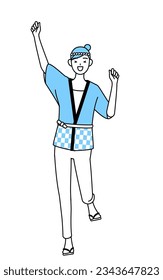Woman wearing Happi coat for summer festivals smiling and jumping, Vector Illustration