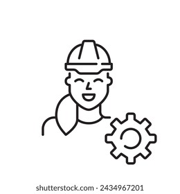 Woman wearing hard hat and cogwheel vector icon. Female representation in engineering and construction professions