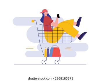 Woman wearing hat and casual clothes sitting in shopping trolley with many shopping bags, while looking at smartphone. Character design. Vector flat illustration