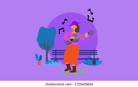 Woman wearing hat dancing and playing acoustic ukulele in a park, country music festival concept banner, space for text and design, flat vector icon isolated on background for web graphic design