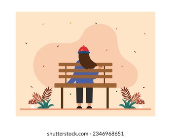 Mujer con sombrero de pelo largo soplando viento sola en un parque mirando el paisaje, hojas caídas de otoño, setas, plantas. Diseños de caracteres. Ilustración plana del vector