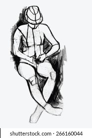 Woman wearing hat and sitting , hands in her lap drawing