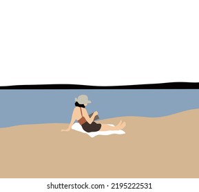 Woman wearing hat sitting on beach and reading book with relaxing and concentration. Summer beach picnic. Concept for vacation, holiday and travel.