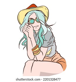 Mujer con un vector de posición de sombrero para tarjeta, ilustración, fondo