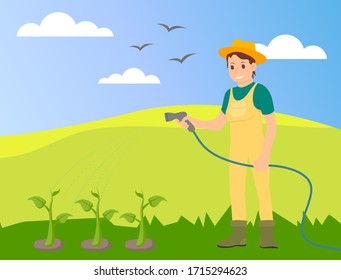 Woman wearing hat and uniform is watering meadow with green plants with a water hose. Agricultural works at summer. Vector illustration with cartoon character. Farmer working at meadow in village